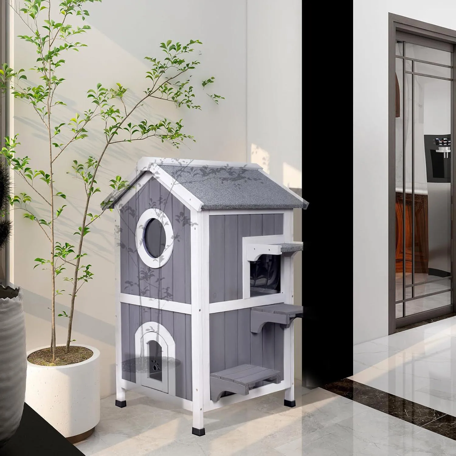 Casa Para Gatos De Madera Con Techo Abatible Dos Pisos y Balcón Exterior 3