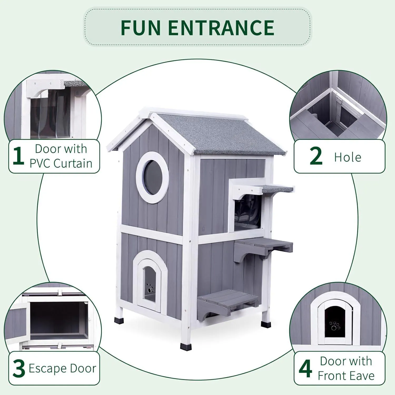 Casa Para Gatos De Madera Con Techo Abatible Dos Pisos y Balcón Exterior 4