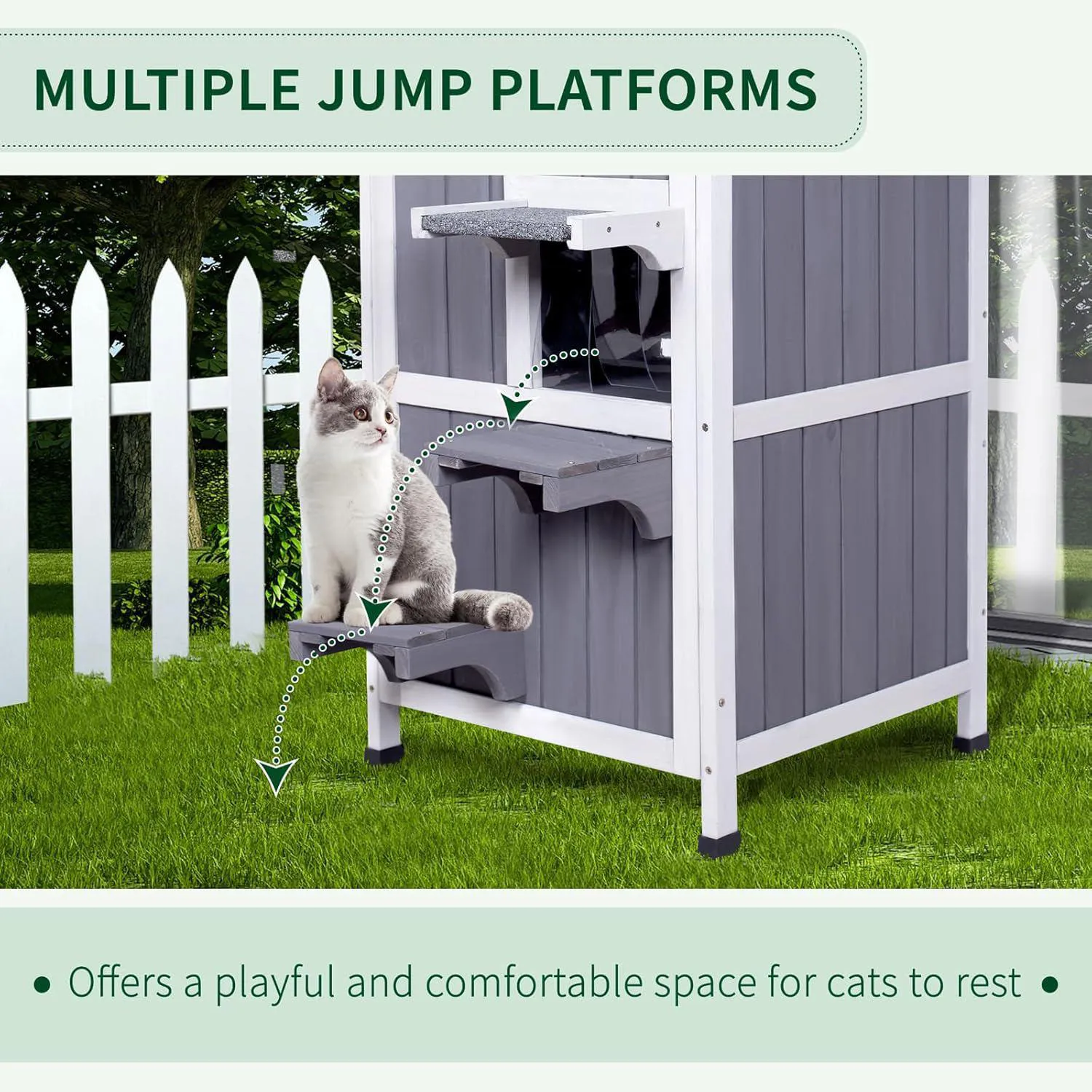 Casa Para Gatos De Madera Con Techo Abatible Dos Pisos y Balcón Exterior 6