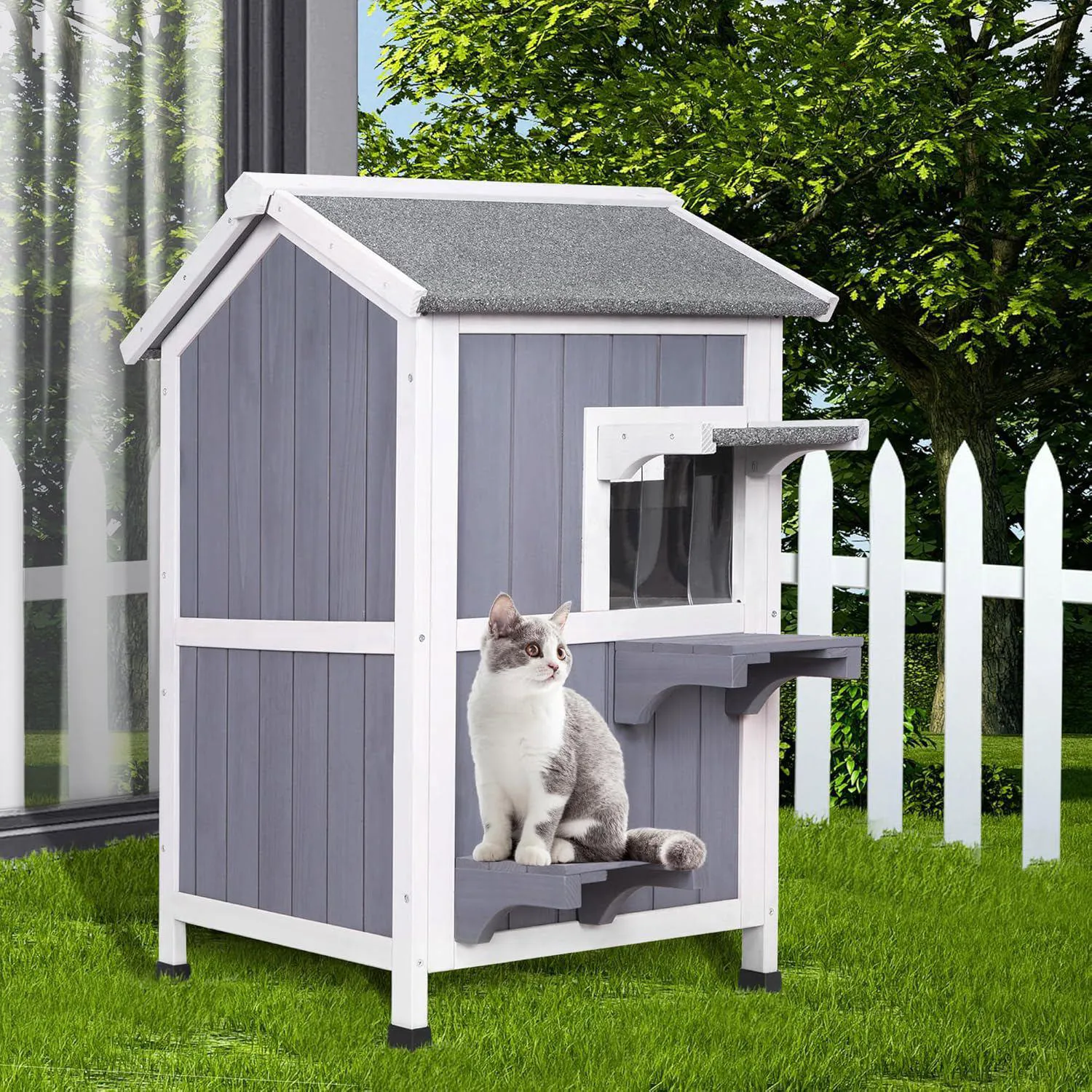 Casa Para Gatos De Madera Con Techo Abatible Dos Pisos y Balcón Exterior 7