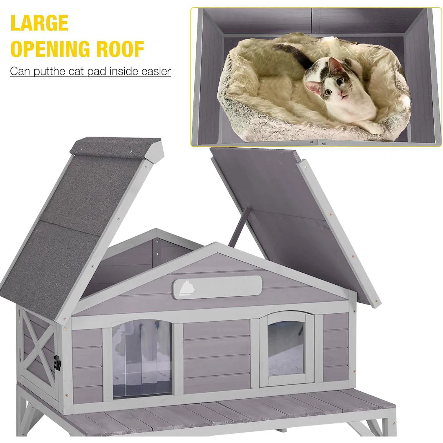 Casa Para Gatos De Exterior En Madera Con Techo Abatible Y Gran Espacio 4