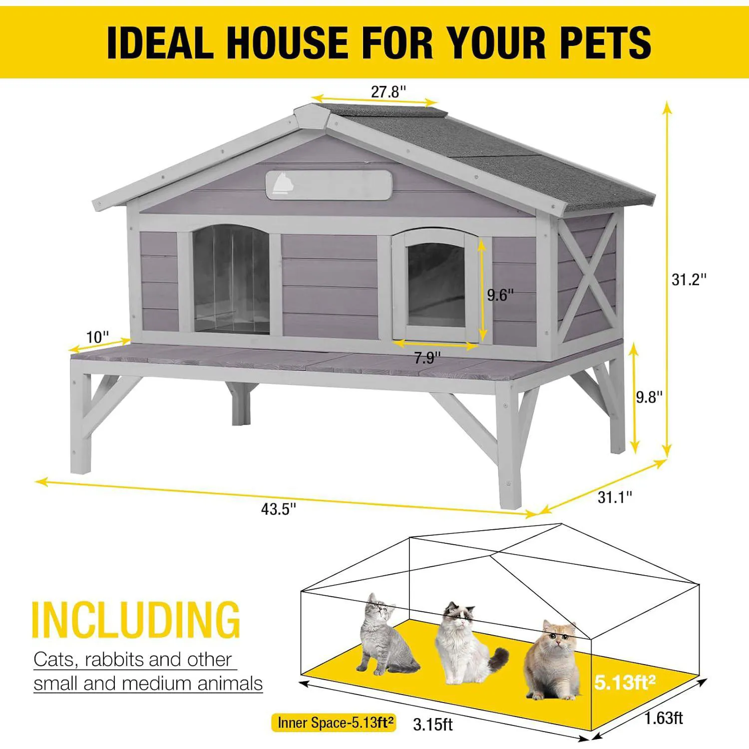 Casa Para Gatos De Exterior En Madera Con Techo Abatible Y Gran Espacio 6