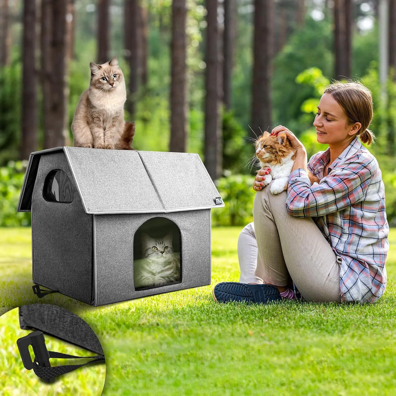 Casa Para Gatos Al Aire Libre Con Cojín Reversible Impermeable 7