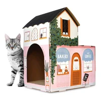 Casa De Cartón Para Gatos Con Rascador Y Hierba Gatera Estilo Cafetería
