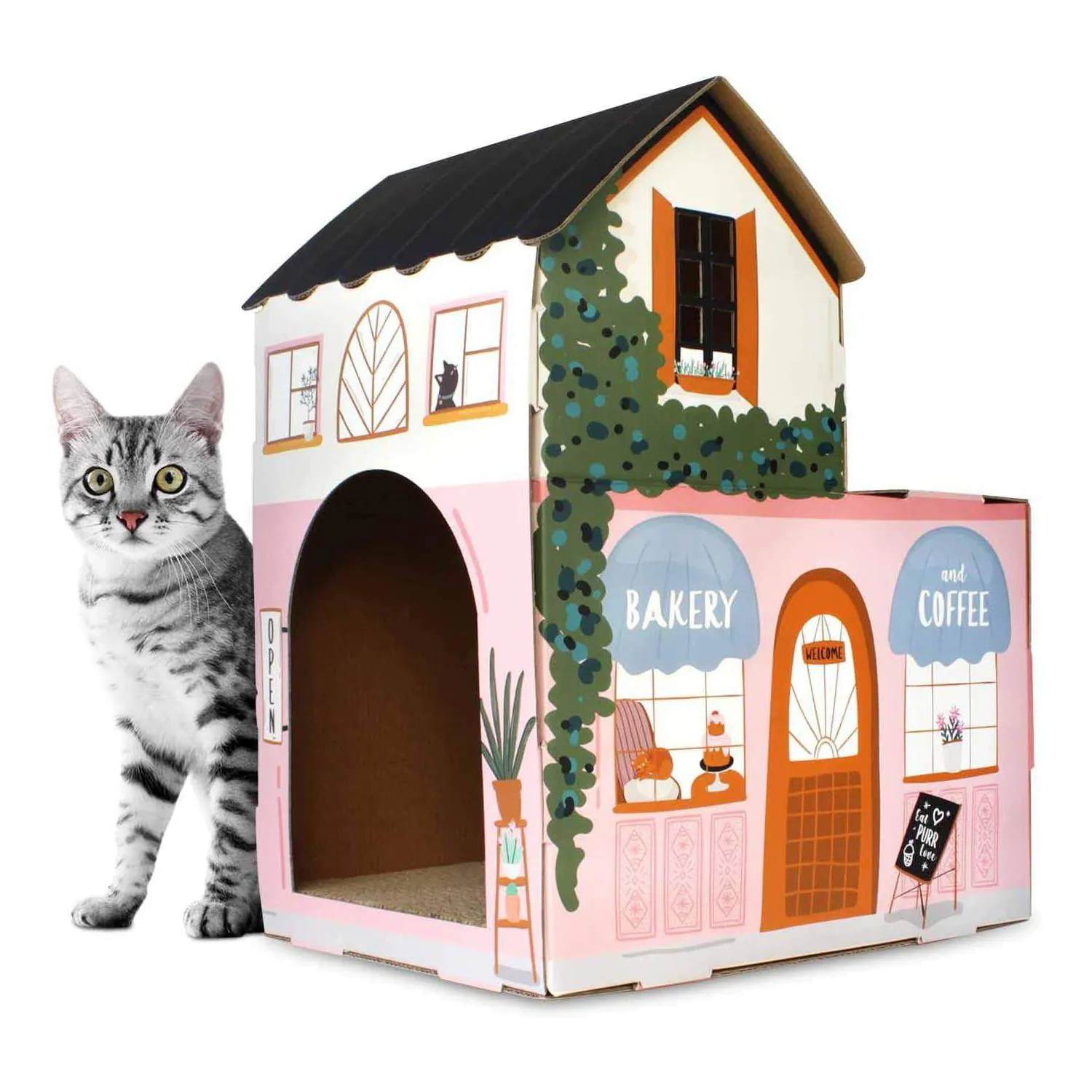 Casa De Cartón Para Gatos Con Rascador Y Hierba Gatera Estilo Cafetería