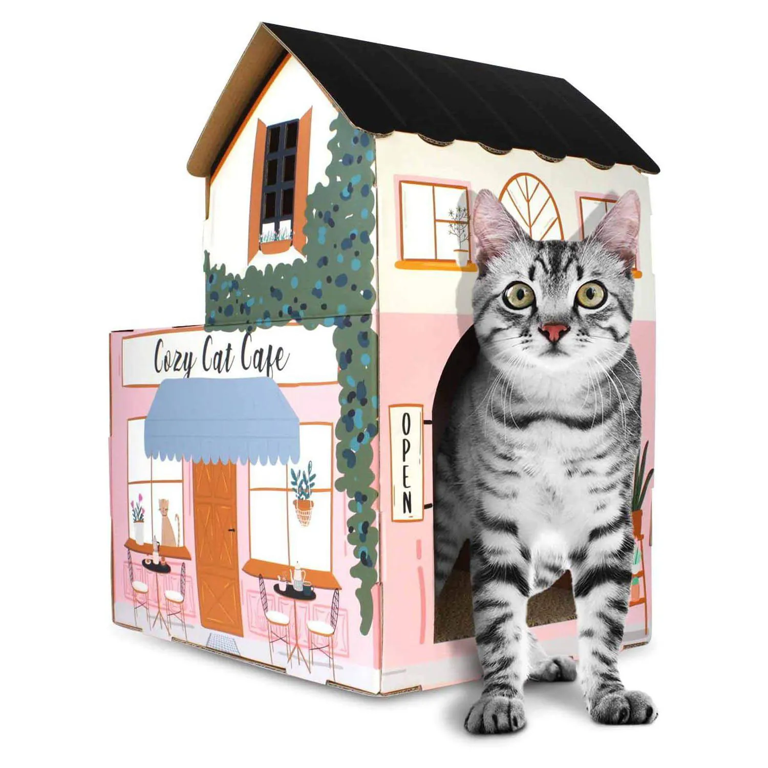 Casa De Cartón Para Gatos Con Rascador Y Hierba Gatera Estilo Cafetería