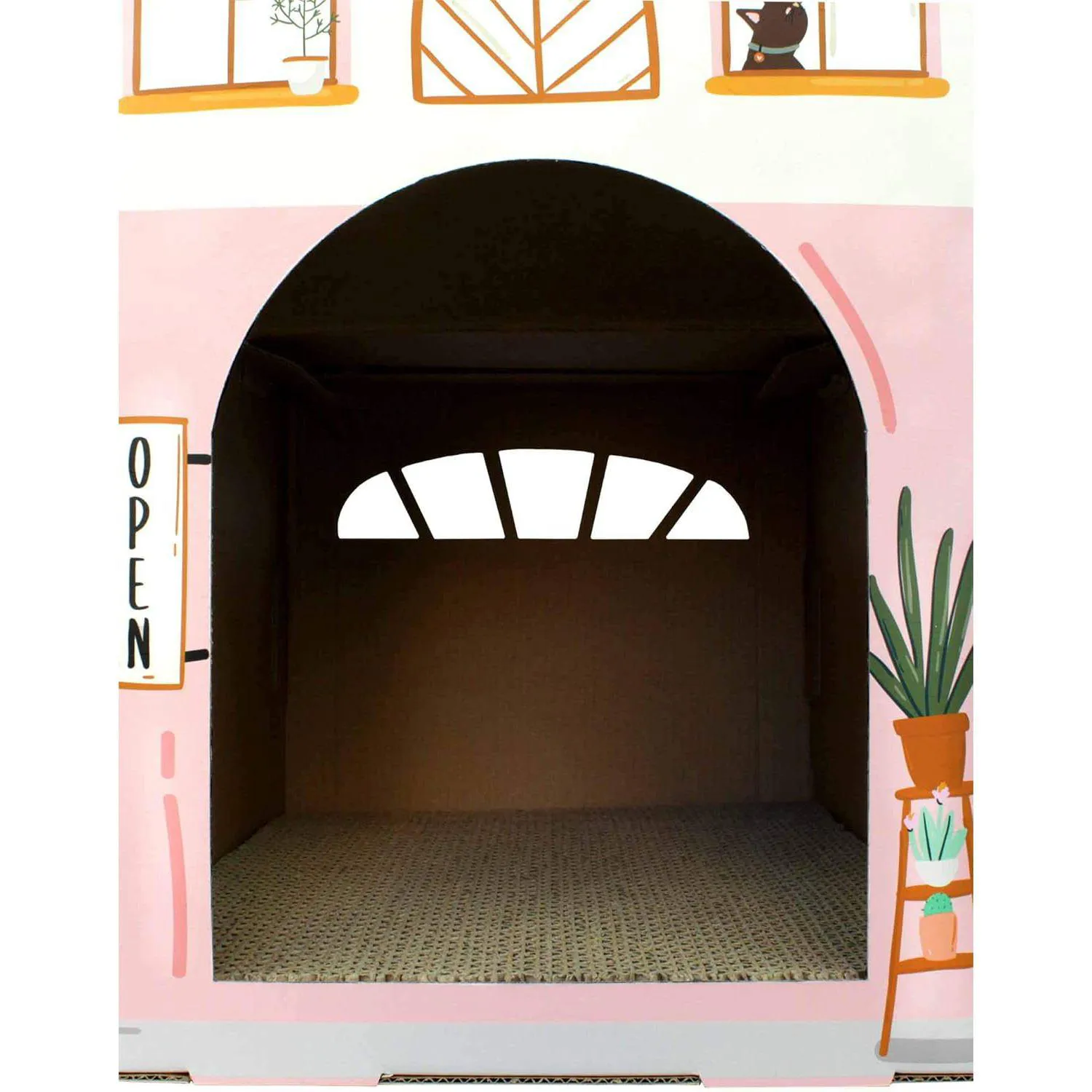 Casa De Cartón Para Gatos Con Rascador Y Hierba Gatera Estilo Cafetería 3