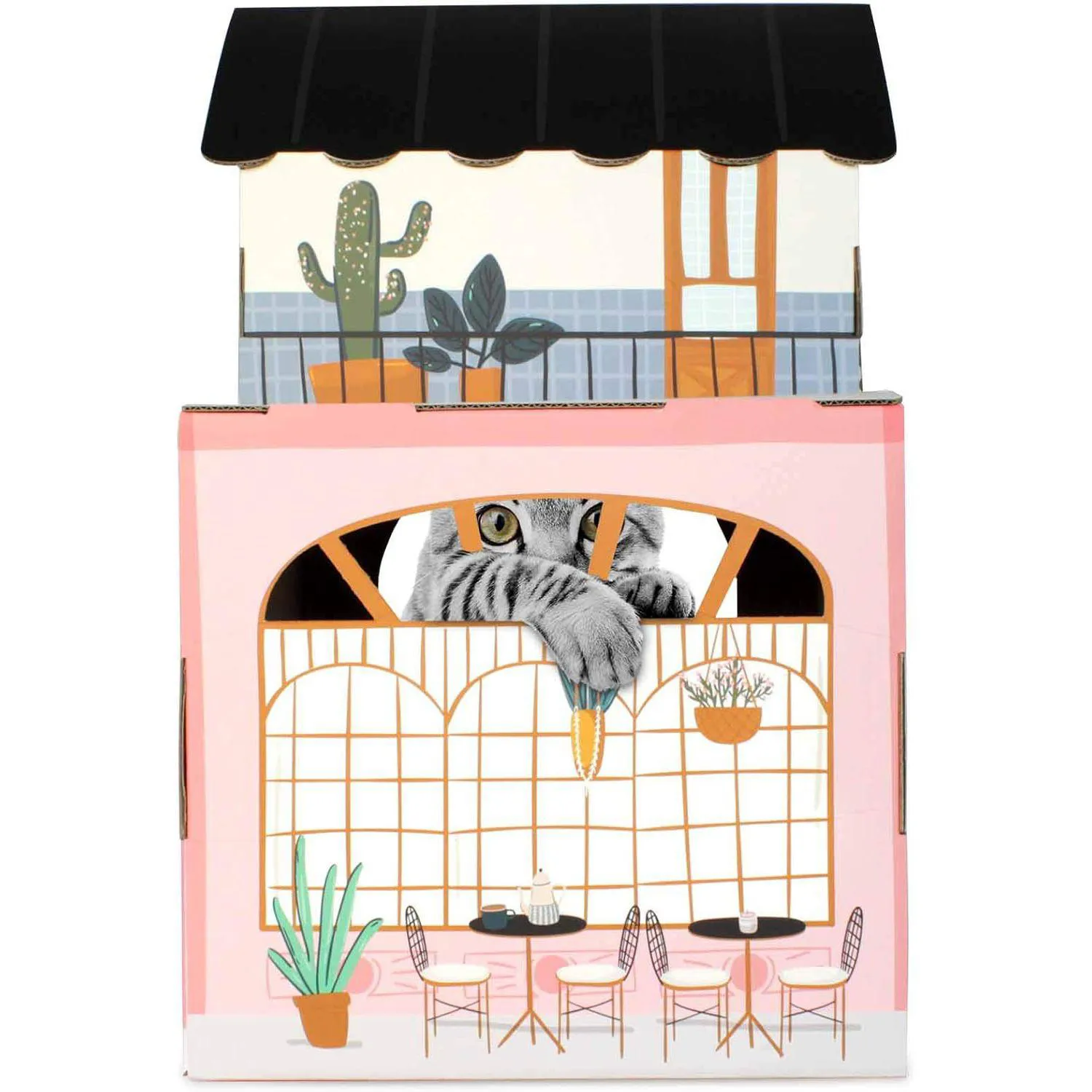 Casa De Cartón Para Gatos Con Rascador Y Hierba Gatera Estilo Cafetería 4