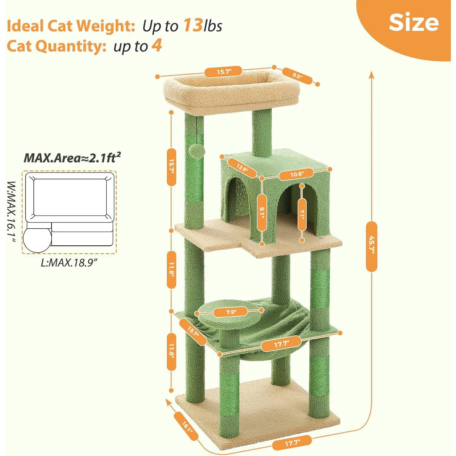 Gimnasio Para Gatos en Forma de CactusCon Hamaca Percha Alta Y Poste Rascador 4