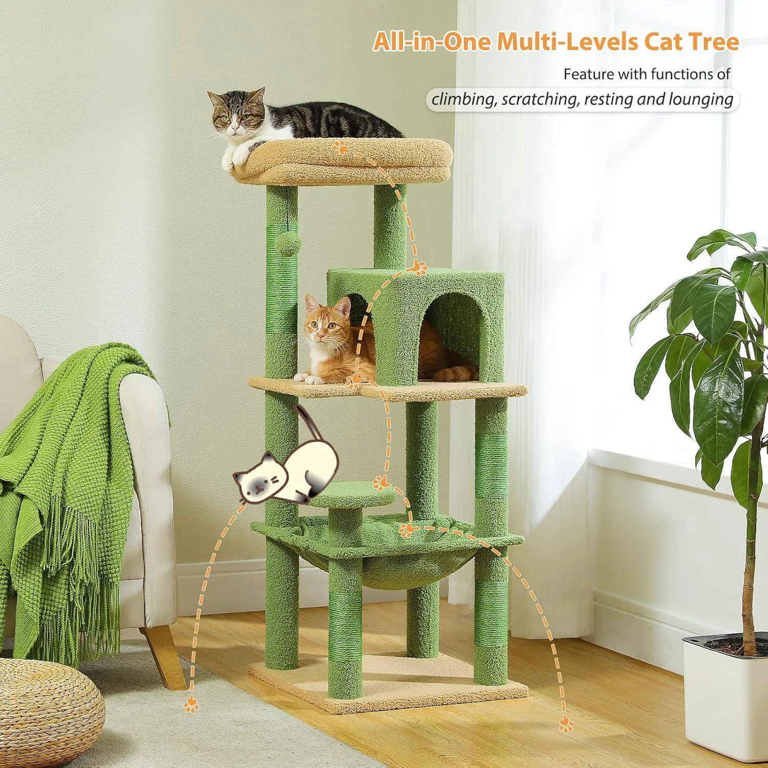 Gimnasio Para Gatos en Forma de CactusCon Hamaca Percha Alta Y Poste Rascador 5