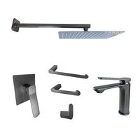 Set Grifería Ducha+Regadera+Brazo+Grifería Lavamanos Baja+3 Accesorios Baño Gun Metal Satinado 7 Pzas