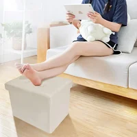 Puff Plegable con Almacenamiento y Asiento Acolchado en Cuero Beige