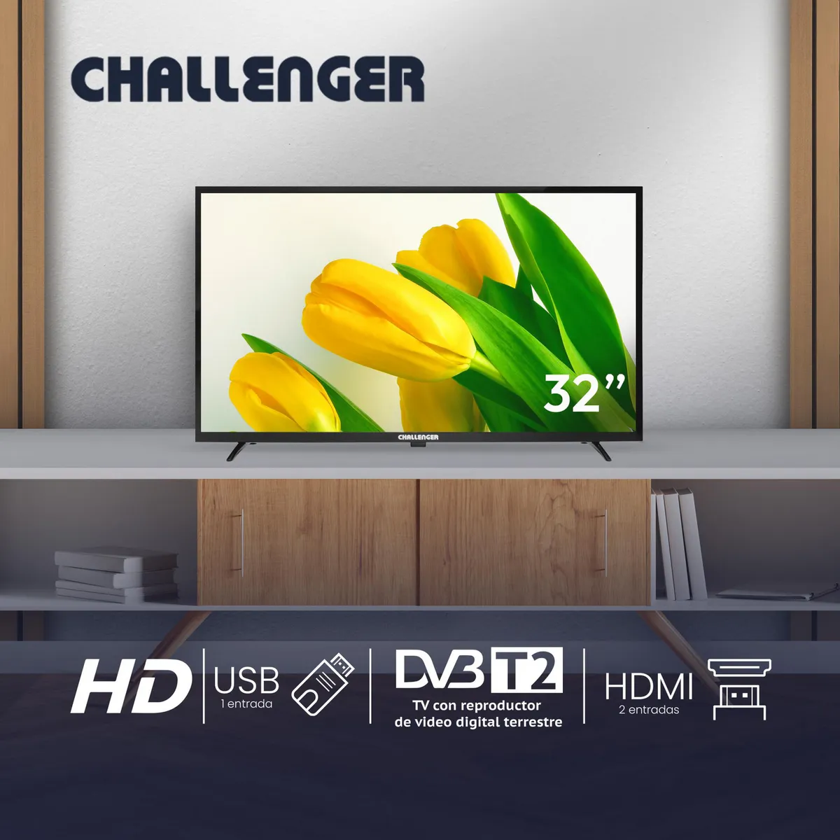 CHALLENGER - Televisor 32 Pulgadas LED HD 32K88 T2 Negro
