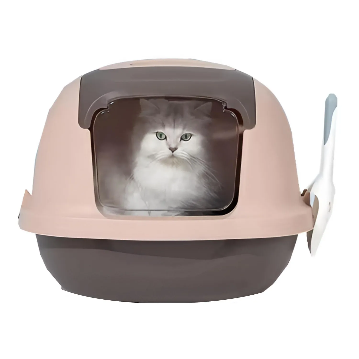 Arenera cubierta para gato plástica con puerta vaivén café 52x43x42cm colmascotas