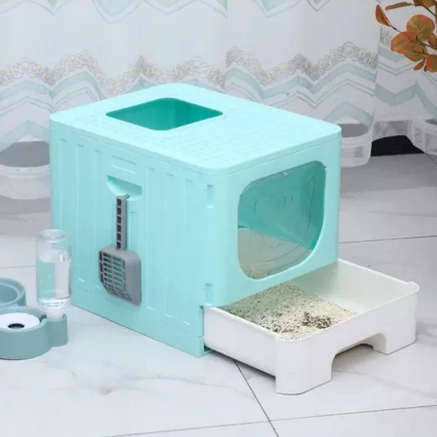 Arenera cubierta para gato supr puerta vaivén+pal verde 48.5x38x38.2cm colmascotas