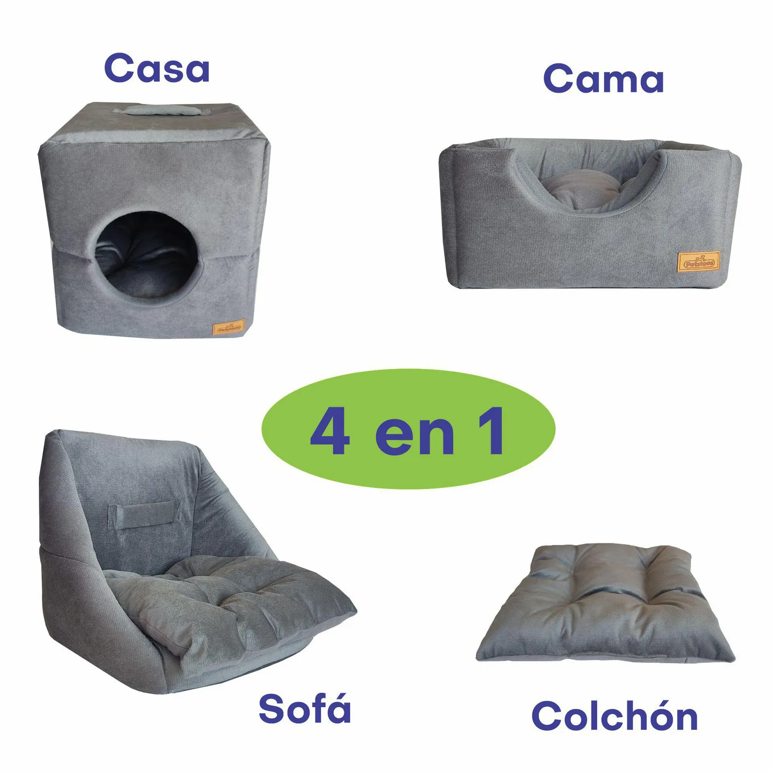 Cama para mascotas box 4 en 1 talla s gris 44x44x44cm petizoos