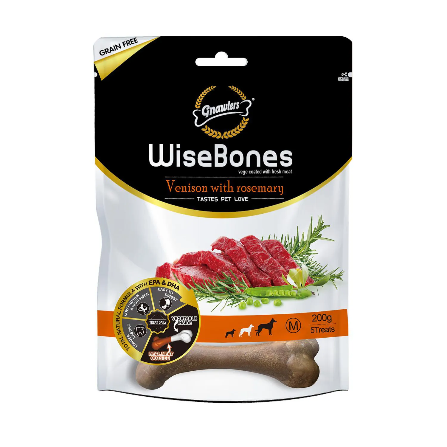 Snack para perro wisebones sabor a venado/romero 200gr