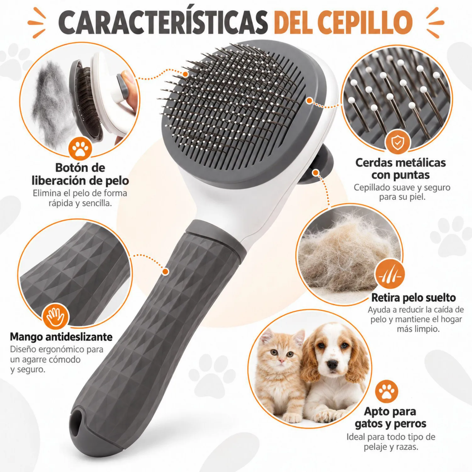 Cepillo De Aseo Para Gatos Y Perros Con Botón De Liberación De Pelo Color Gris 4