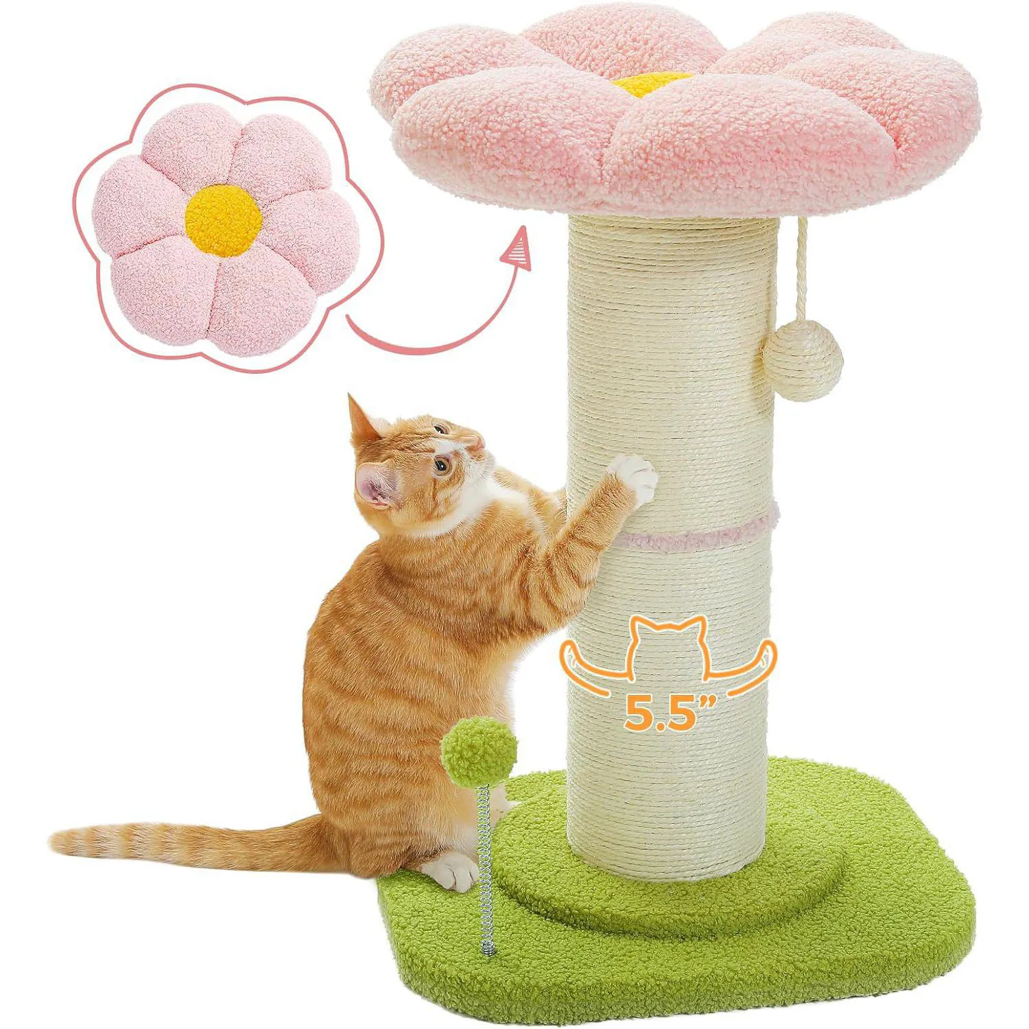 Rascador para Gatos con Cama Floral Rosa y Poste Grueso de Sisal