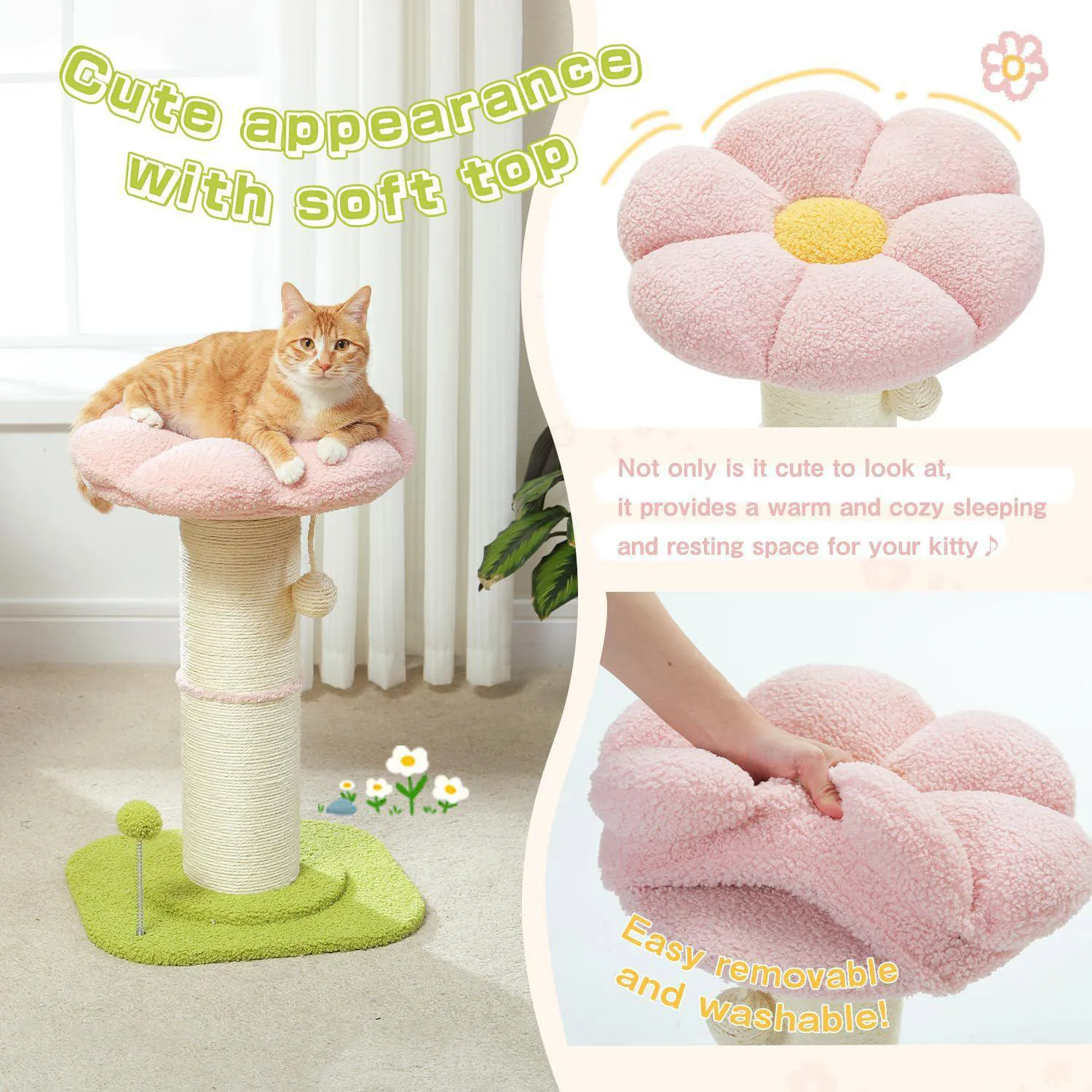 Rascador para Gatos con Cama Floral Rosa y Poste Grueso de Sisal