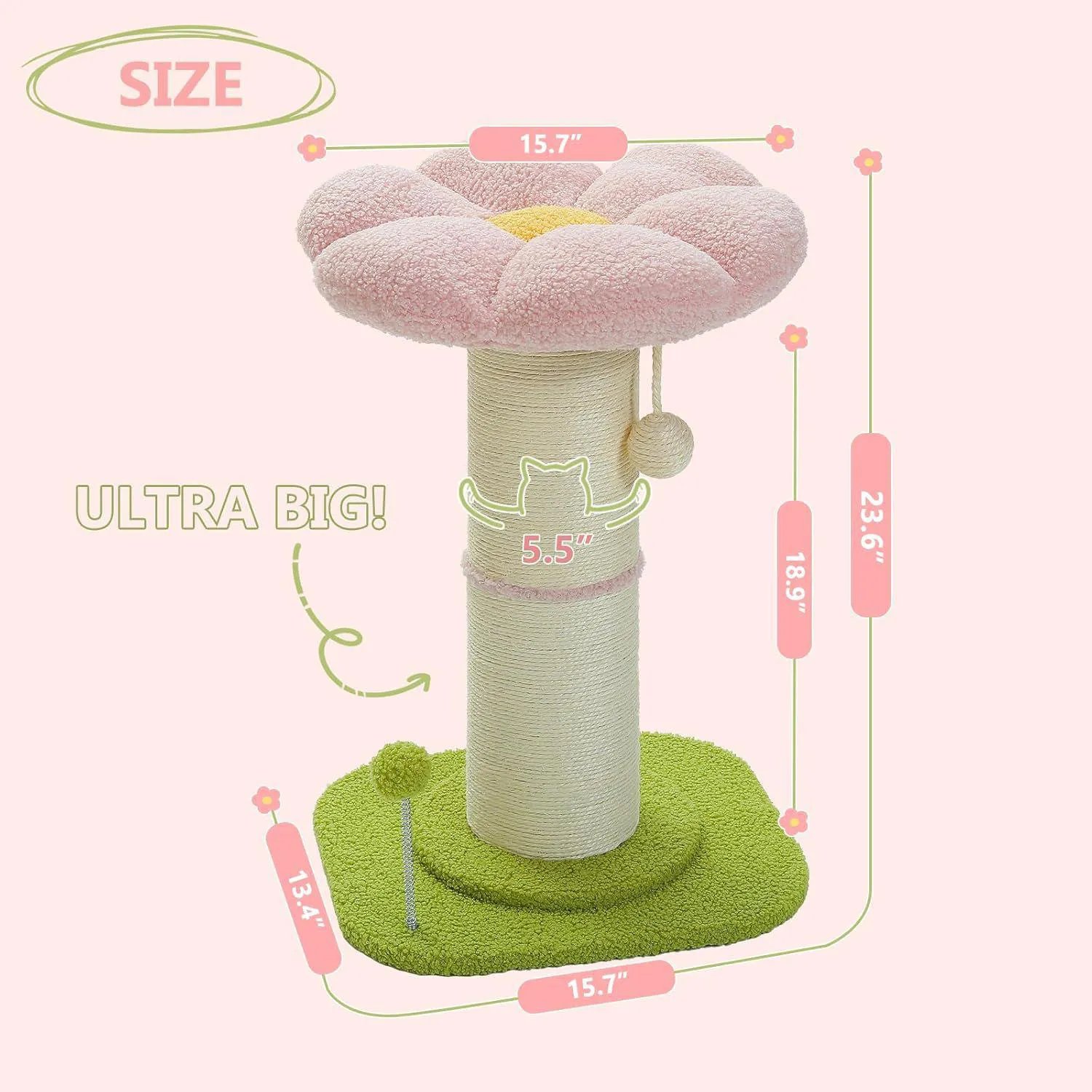 Rascador para Gatos con Cama Floral Rosa y Poste Grueso de Sisal 5
