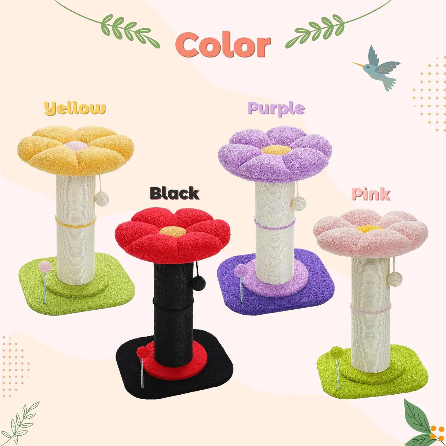 Rascador para Gatos con Cama Floral Rosa y Poste Grueso de Sisal 6