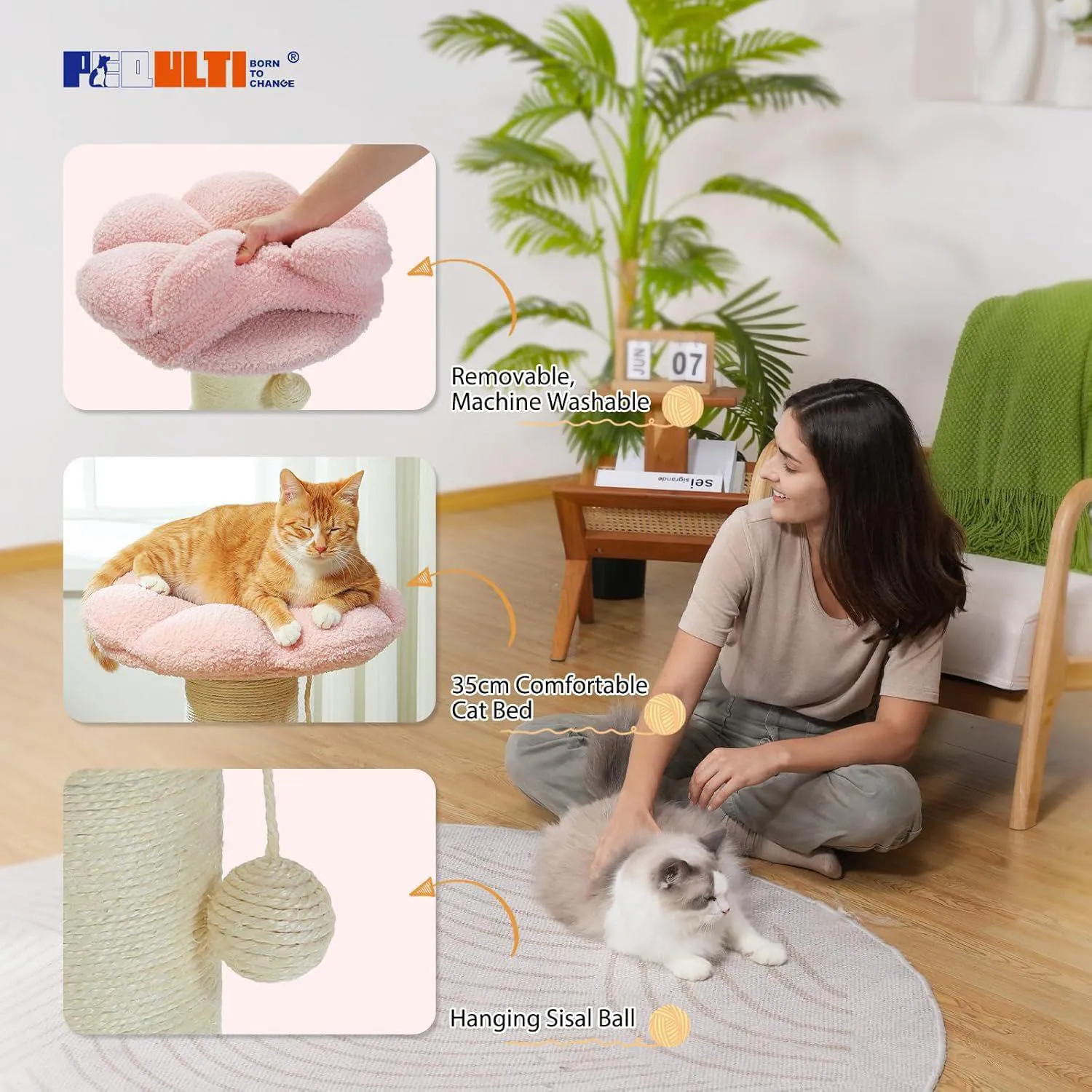 Rascador para Gatos con Cama Floral Rosa y Poste Grueso de Sisal 7