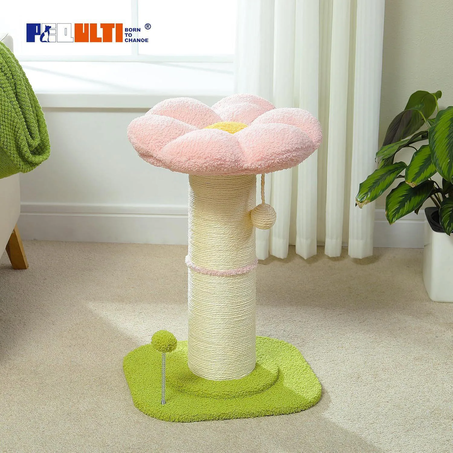 Rascador para Gatos con Cama Floral Rosa y Poste Grueso de Sisal 8