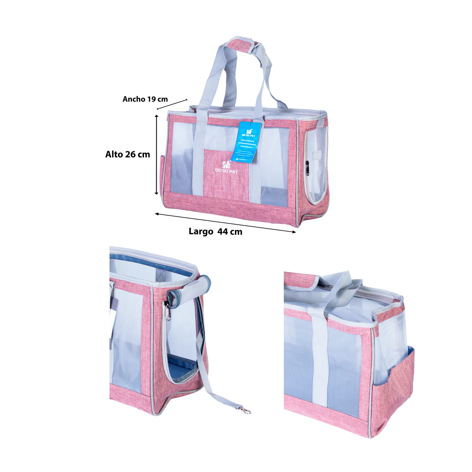 Bolso cargador transxte luna mascotas 44x30x17cm petvogue color rosa material oxford 7