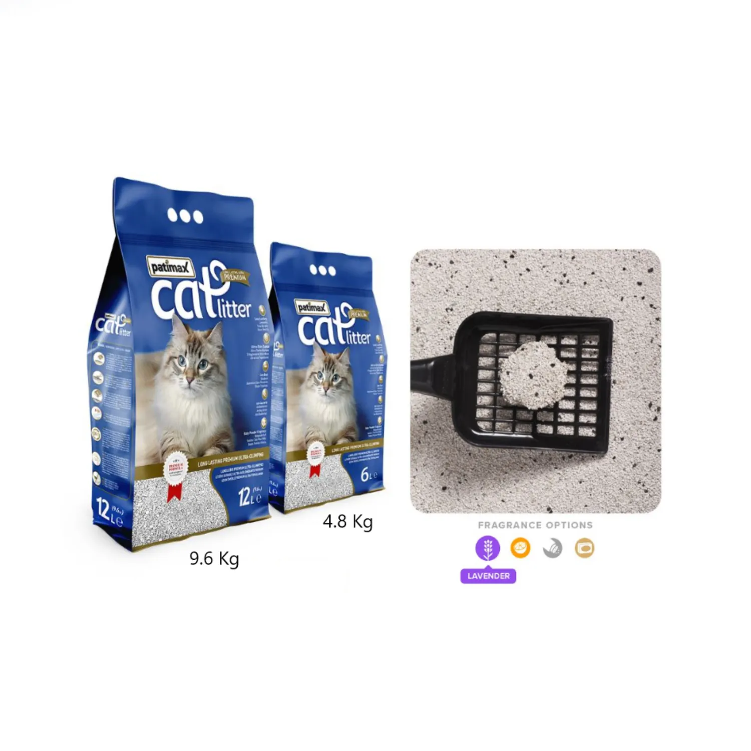 Arena sanitaria para gato aglomerante bentonita patimax premium lav carbón act 4.8kg