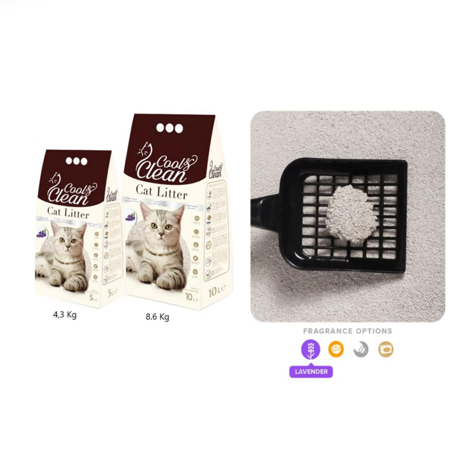 Arena sanitaria para gato aglomerante bentonita cool & clean lavanda 8.6kg