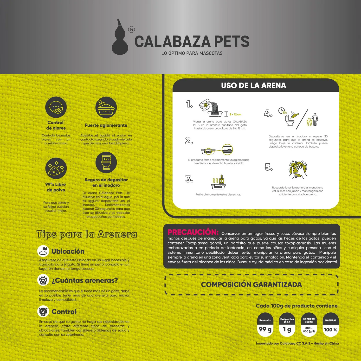 Arena Sanitaria Para Gato Soluble Aglomerante Lima Calabaza Pets 5k