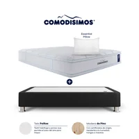 Combo Colchón Semifirme Sencillo Comodisimos Atlantico Pillow 100x190 + Base Cama Essential Negra 100x190 + 1 Almohada