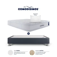 Combo Colchón Semifirme Sencillo Comodisimos Atlantico Pillow 100x190 + Base Cama Essential Gris 100x190 + 1 Almohada