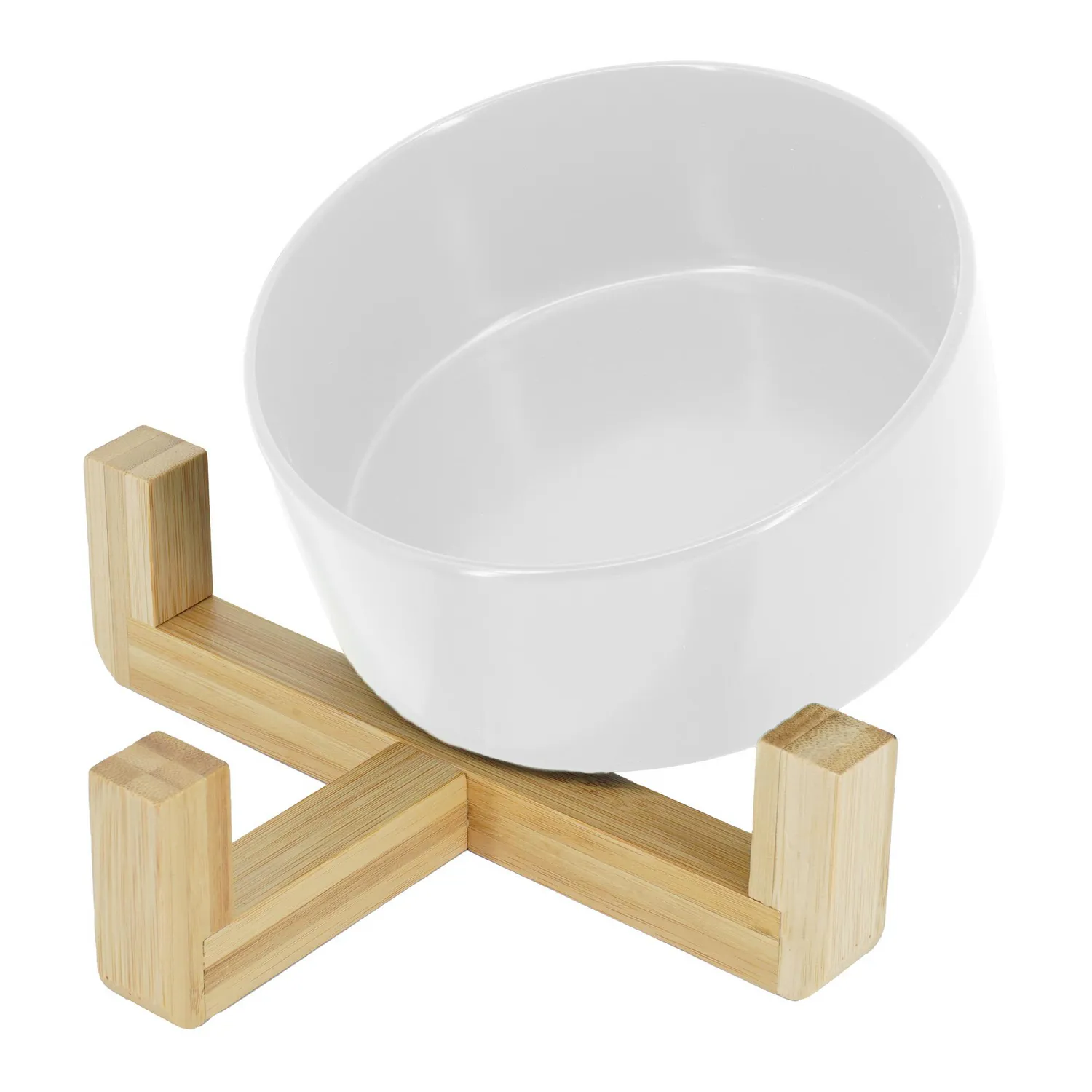 Comedero Para Mascota En Cerámica Con Base De Madera 15.5 X 9 X 7cm
