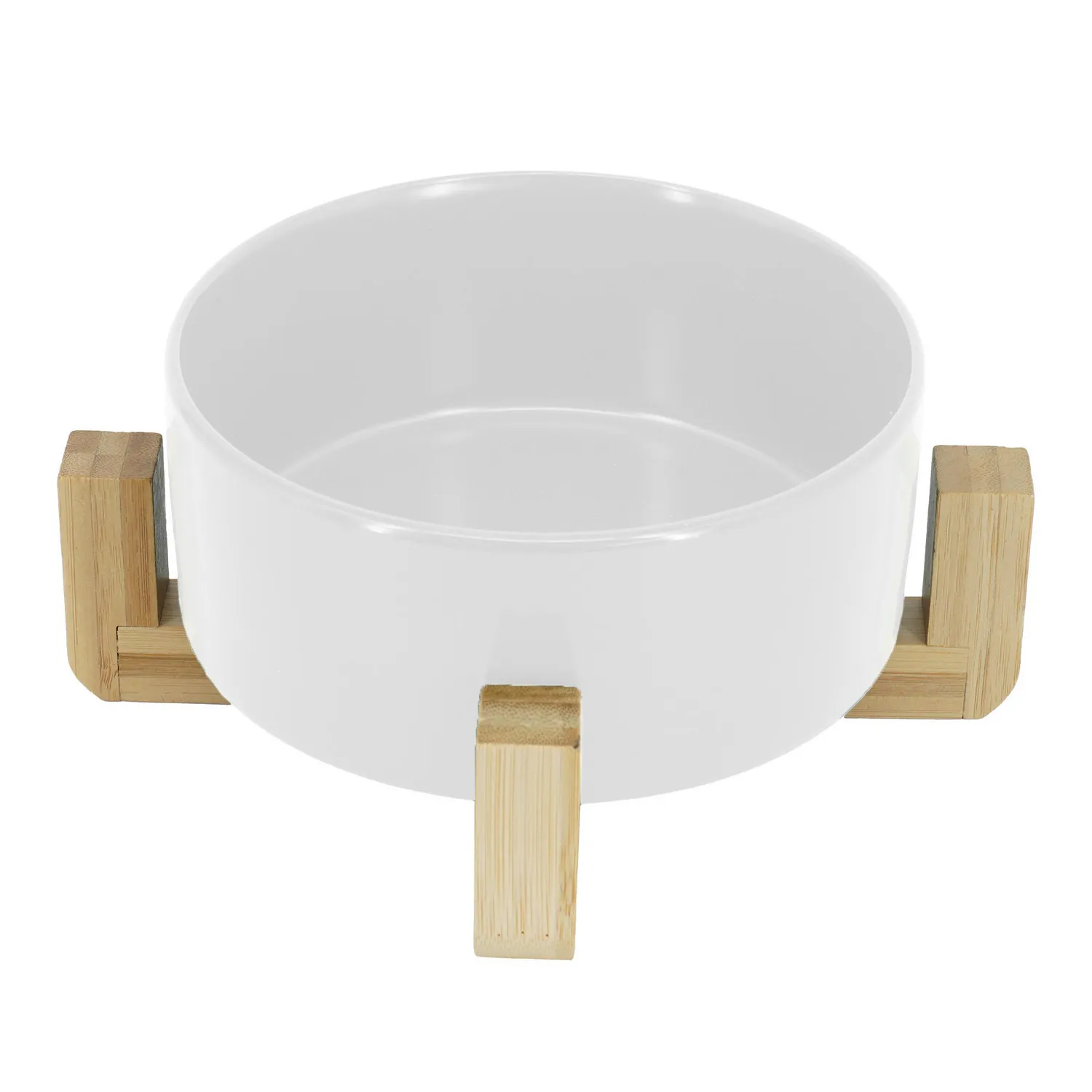 Comedero Para Mascota En Cerámica Con Base De Madera 15.5 X 9 X 7cm