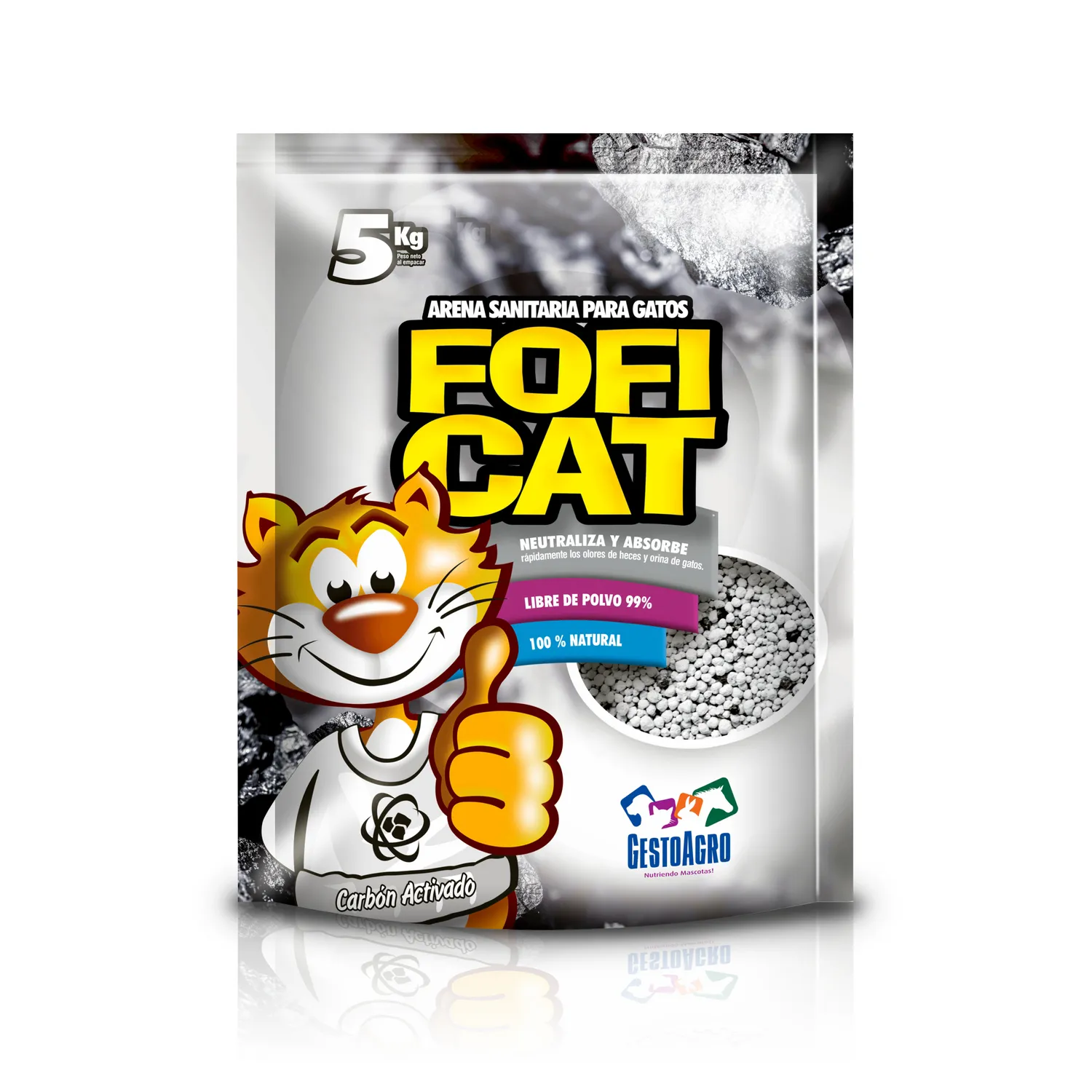 Arena sanitaria para gato aglomerante bentonita foficat carbón activado 5kg