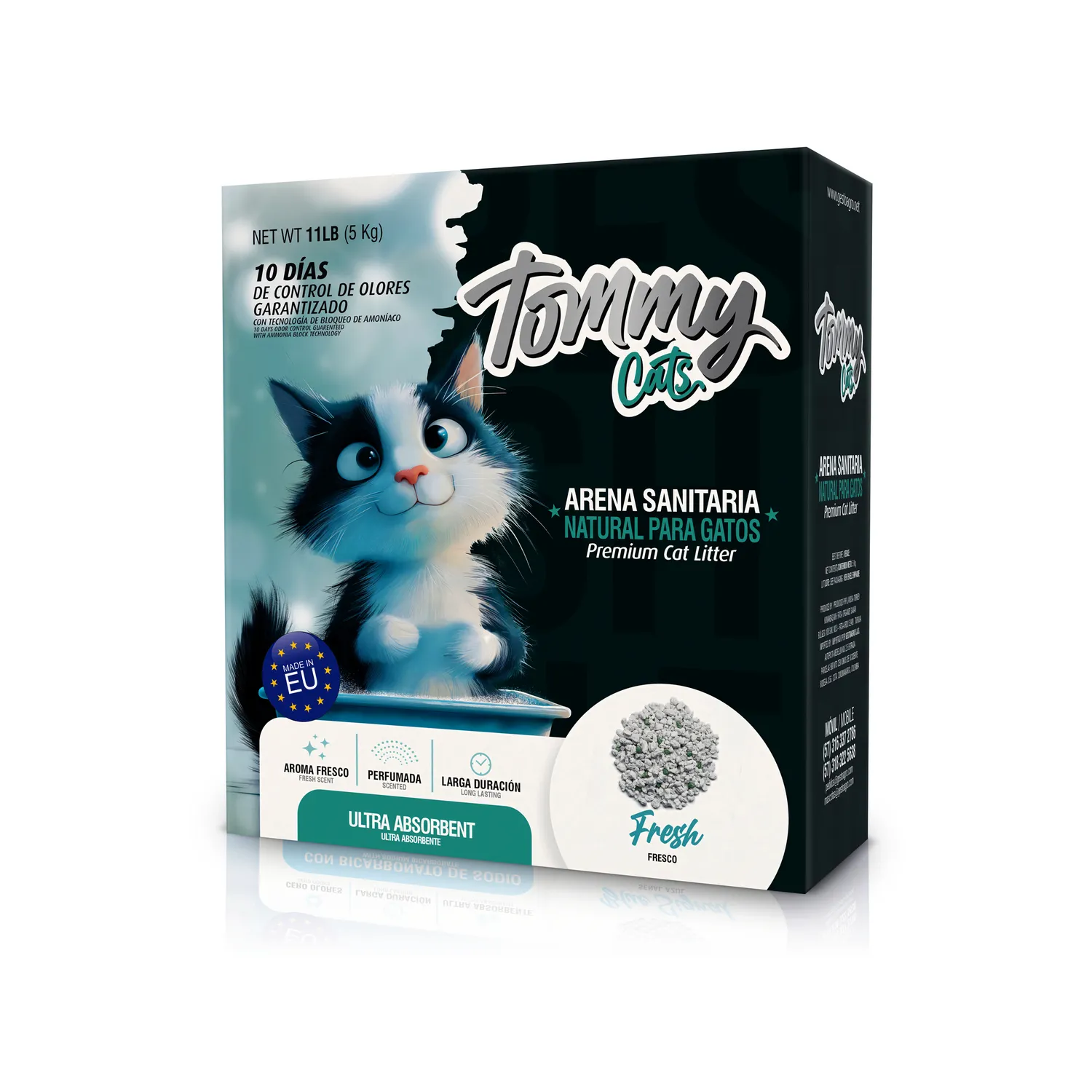 Arena sanitaria para gato aglomerante absorbente bentonita tommy cats blue signal 5kg