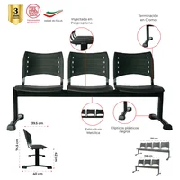 Silla Tándem Negro sin Tapiz 3 Puestos Set X 6 Unidades