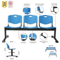 Silla Tándem Cromo sin Tapiz 3 Puestos Set X 4 Unidades