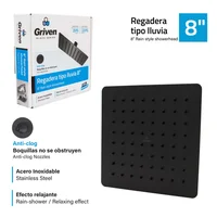 Regadera Tipo Lluvia Cuadrada 8" Acero Inoxidable Acabado Negro Mate Consumo 7.3 l/min
