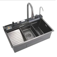Lavaplatos Moderno Gris. En Acero Inoxidable Con 2 Griferías. 2 Cascadas. Luz Led y Pantalla