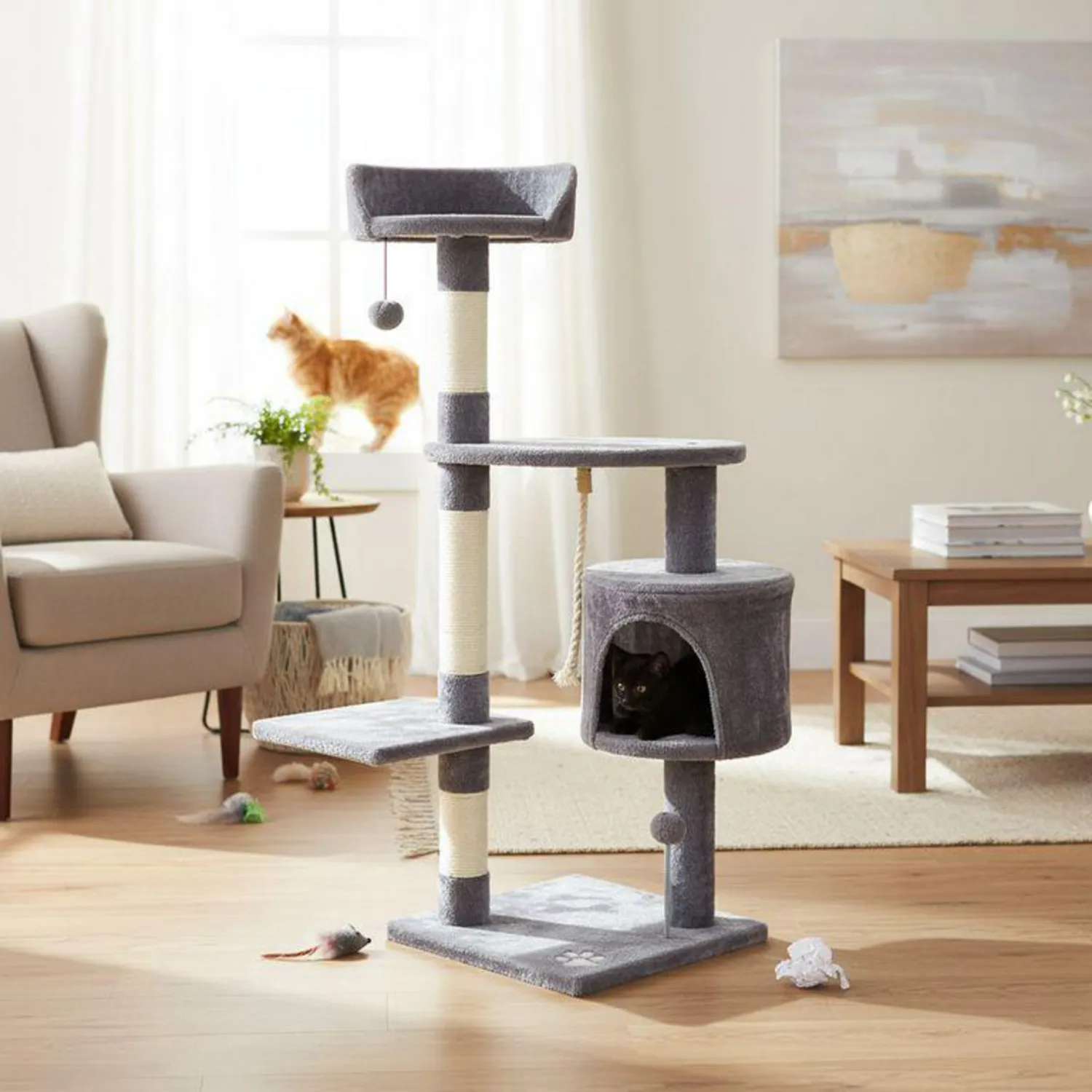 Gimnasio para Gatos en Madera Tipo Árbol con Rascadera  40x40x112cm Pequeño Gris Petizoos 4