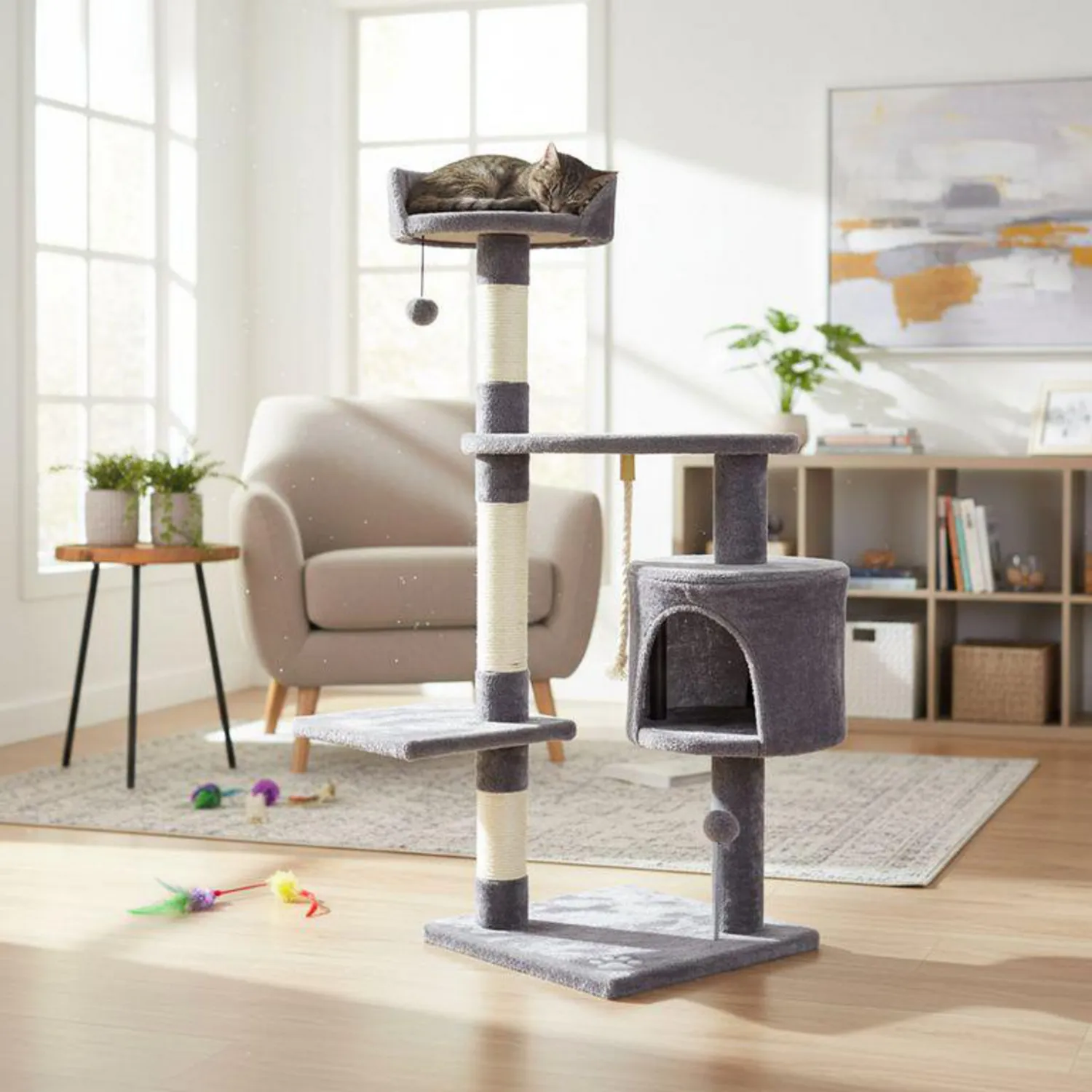 Gimnasio para Gatos en Madera Tipo Árbol con Rascadera  40x40x112cm Pequeño Gris Petizoos