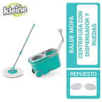 Mopa Trapero en Microfibra Giratorio 360 con Mango Plástico y Balde Centrifuga con Dispensador y Ruedas Acqua/Gris + Repuesto