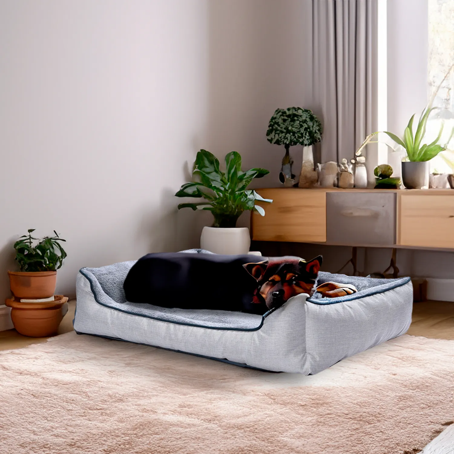 Cama Perro Talla L 90x68 Cm Beige Gris Petizoos