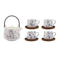 Juego de Tetera en Cerámica 4 Tazas con Base Bambú Azul/Blanco 320ml Diseño Flores