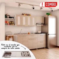 Cocina Integral Ibiza 1.80 metros Chantilli + Mesón Radiante 180x52 cm con 4 Puestos a Gas Poceta Izquierda Monocontrol Acero Inoxidable