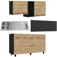 Cocina Integral Luna 1.5 Metros Europeo/Wengue  Mueble Superior + Mueble Inferior + Mesón Acero Inoxidable Poceta Derecha Con 4 Fogones A Gas + Salpicadero