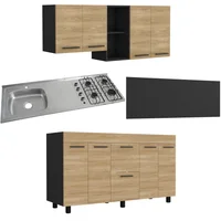 Cocina Integral Luna 1.5 Metros Europeo/Wengue  Mueble Superior + Mueble Inferior + Mesón Acero Inoxidable Poceta Izquierda Con 4 Fogones A Gas + Salpicadero